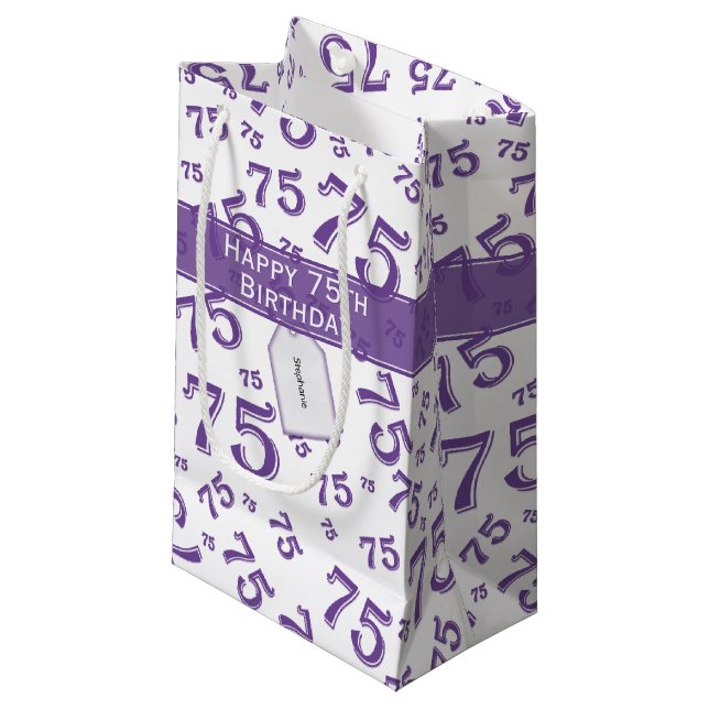 75th Biirthday Random Number Pattern Purple/White Small Gift Bag (Front Angled)