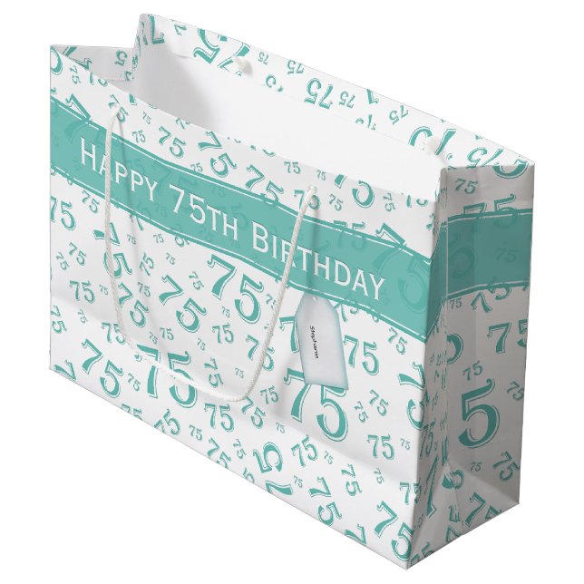 75th Biirthday Random Number Pattern Teal/White Large Gift Bag (Front Angled)