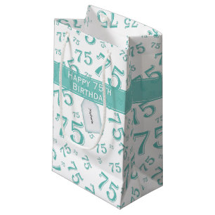 75th Biirthday Random Number Pattern Teal/White Small Gift Bag