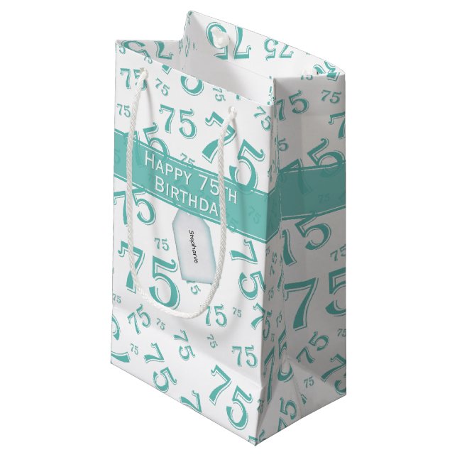 75th Biirthday Random Number Pattern Teal/White Small Gift Bag (Front Angled)