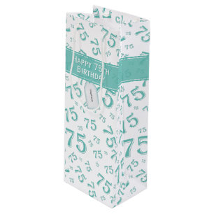 75th Biirthday Random Number Pattern Teal/White Wine Gift Bag