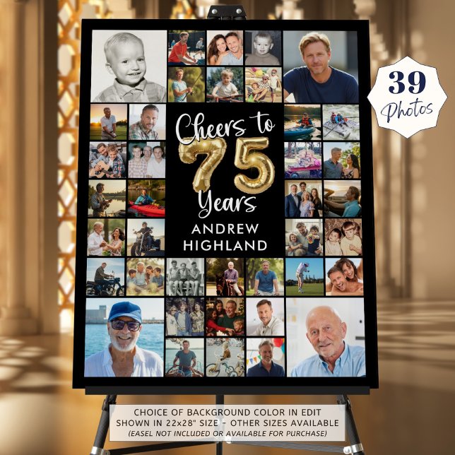 75th Birthday 39 Photo Collage Cheers to 75 Years Foam Board (Creator Uploaded)