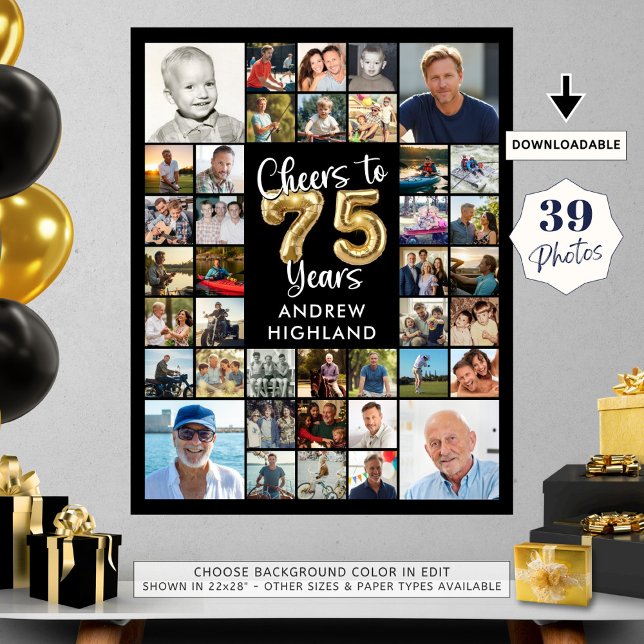 75th Birthday 39 Photo Collage Cheers to 75 Years Poster (Creator Uploaded)