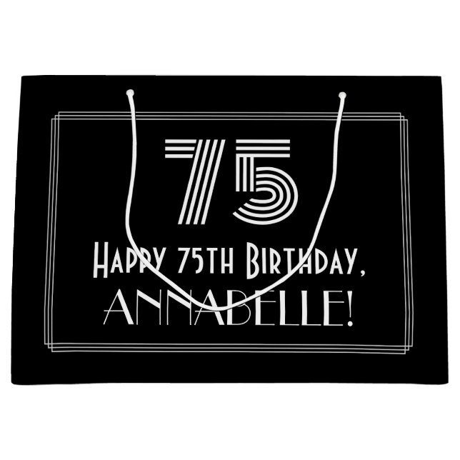 75th Birthday — Art Deco Inspired Look "75" & Name Large Gift Bag (Front)