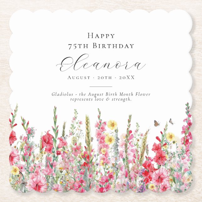 75th Birthday August Birth Flower Custom Paper Coaster (Front)