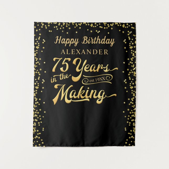 75th Birthday Backdrop Black Gold Confetti (Front)