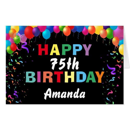 75th Birthday Balloons Black Extra Large Jumbo Card