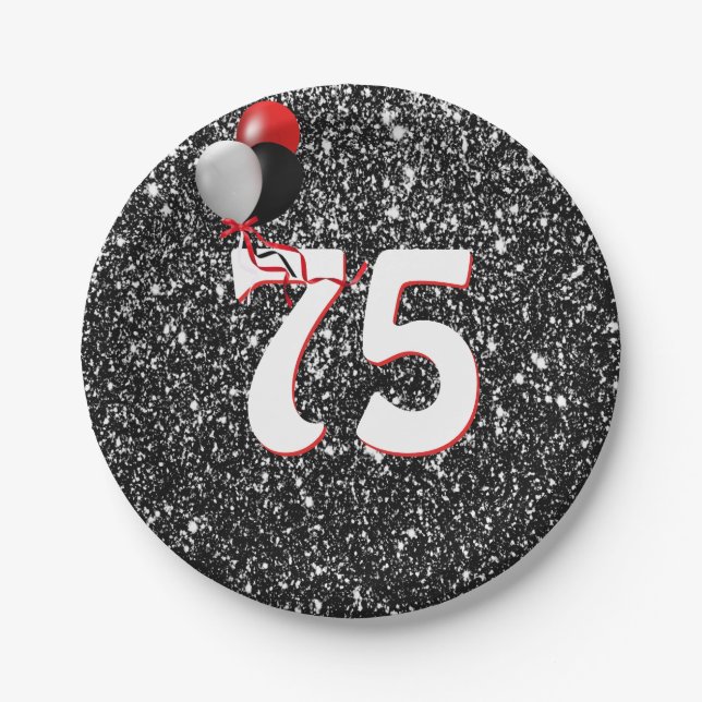 75th Birthday Balloons on Black Glitter   Paper Plates (Front)