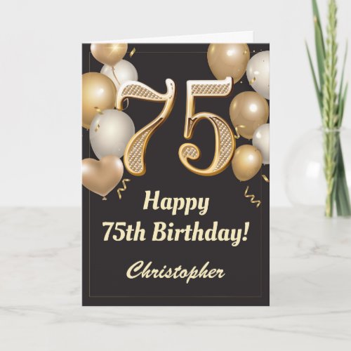 75th Birthday Black and Gold Balloons Confetti Card