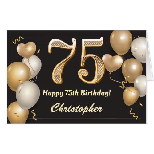 75th Birthday Black and Gold Balloons Extra Large Card