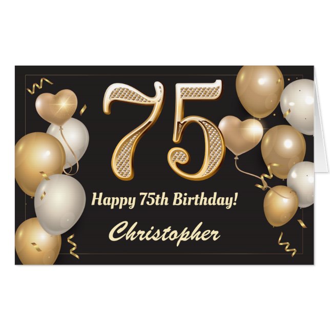 75th Birthday Black and Gold Balloons Extra Large Card (Front Horizontal)