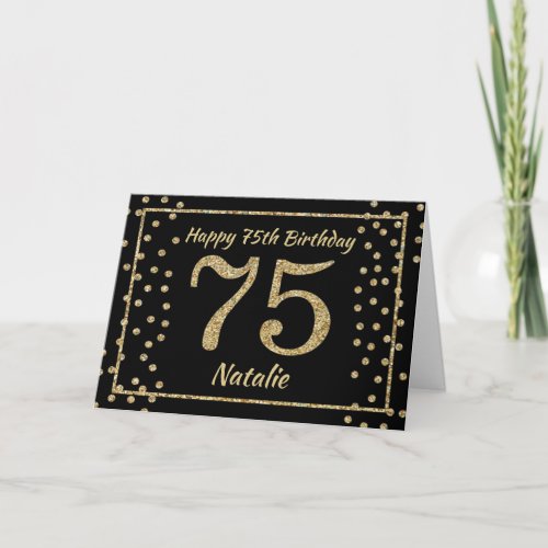 75th Birthday Black and Gold Glitter Confetti Card