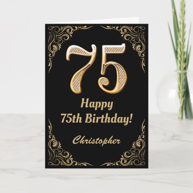 75th Birthday Black and Gold Glitter Frame Card (Front)