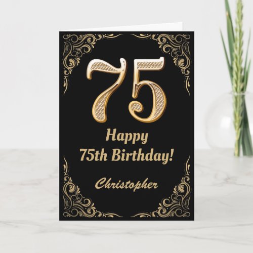 75th Birthday Black and Gold Glitter Frame Card