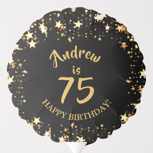 75th Birthday Black and Gold Stars Name Balloon (Front)