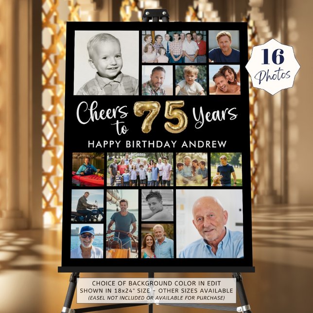 75th Birthday Black Gold 16 Photo Cheers to Years Foam Board (Creator Uploaded)