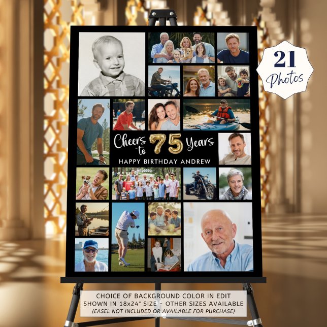 75th Birthday Black Gold 21 Photo Cheers to Years Foam Board (Creator Uploaded)
