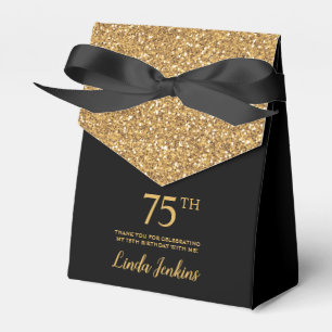 75th Birthday Black Gold Glitter Thank You Favor Boxes