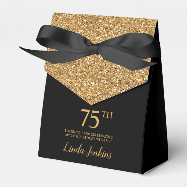75th Birthday Black Gold Glitter Thank You Favor Boxes (Front Side)