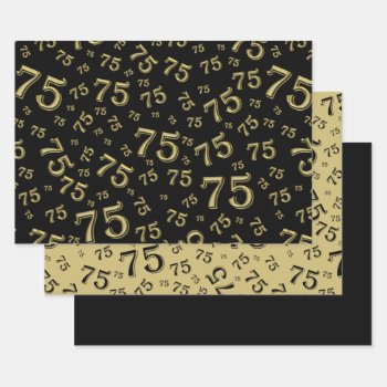 75th Birthday Black & Gold Number Pattern 75 Wrapping Paper Sheets by NancyTrippPhotoGifts at Zazzle