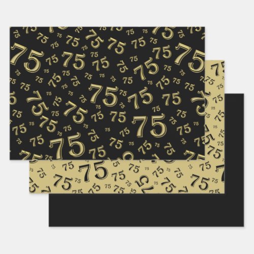 75th Birthday Black  Gold Number Pattern 75 Wrapping Paper Sheets