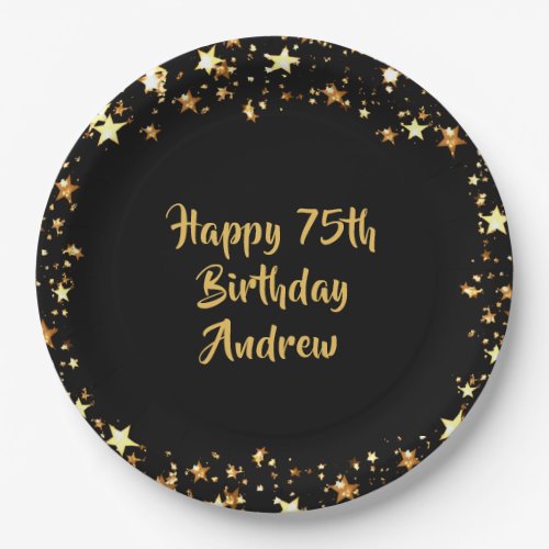 75th Birthday Black Gold Stars Name Paper Plates