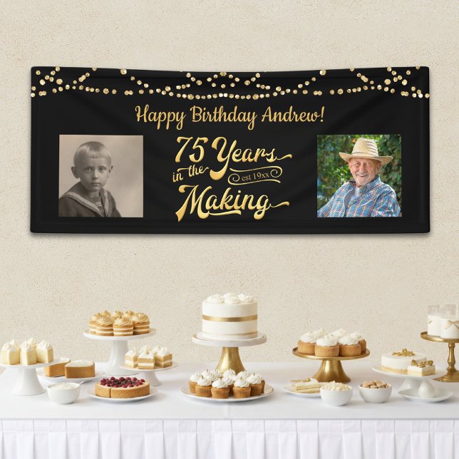 75th Birthday Black Gold String Lights Retro Photo Banner (Creator Uploaded)