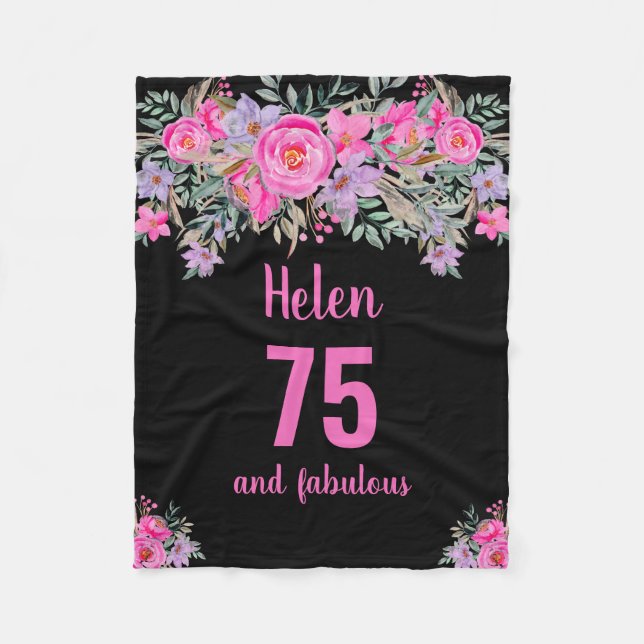 75th birthday black pink floral  fleece blanket (Front)