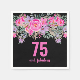 75th birthday black pink floral napkins