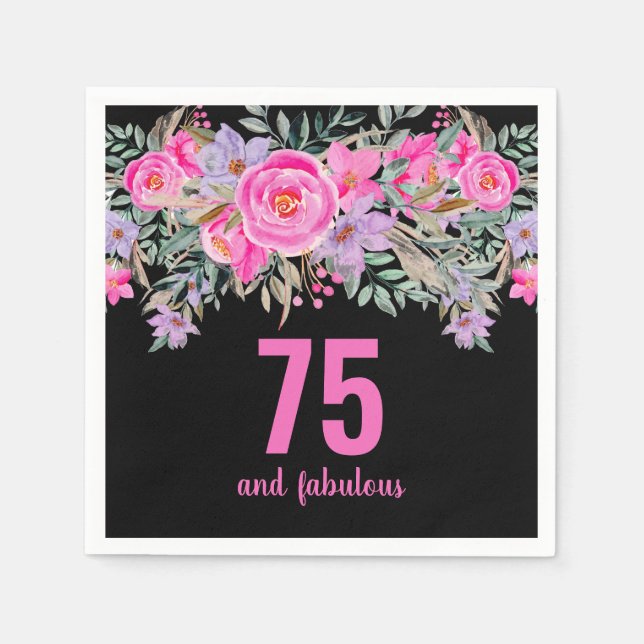 75th birthday black pink floral  napkins (Front)