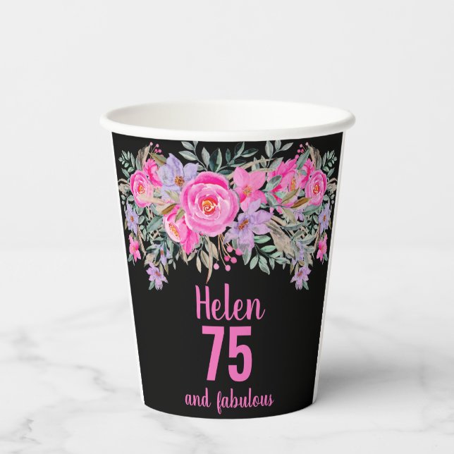 75th birthday black pink floral paper cups (Back)