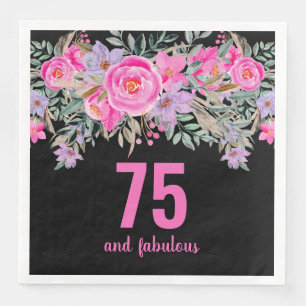 75th birthday black pink floral  paper dinner napkins