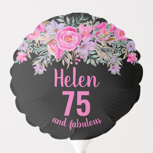 75th birthday black pink floral script name balloon (Front)