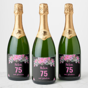 75th birthday black pink floral sparkling wine label