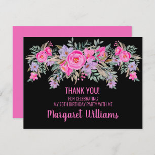 75th birthday black pink floral thank you card