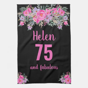 75th birthday black pink floral unique kitchen towel