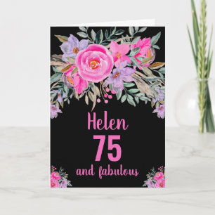 75th birthday black pink watercolor floral card