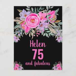 75th birthday black pink watercolor floral card