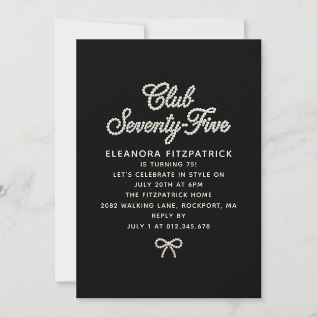 75th Birthday Black White Pearl Script Bow Invitation (Front)