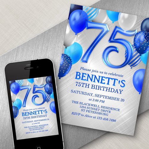 75th Birthday Blue Balloons Invitation
