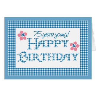 75th Birthday, Blue Check Gingham Pattern Cards