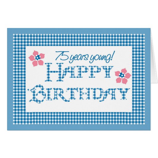 75th Birthday, Blue Check Gingham Pattern Cards (Front Horizontal)