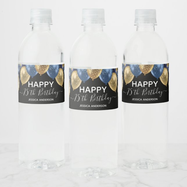 75th Birthday Blue Gold Balloons Water Bottle Label (Bottles)