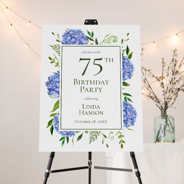 75th Birthday Blue Hydrangeas Foam Board (In Situ (Stand))