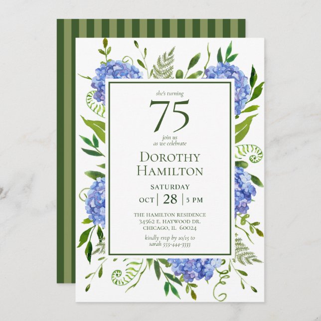 75th Birthday Blue Hydrangeas  Invitation (Front/Back)