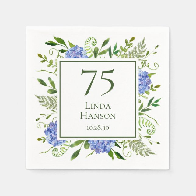75th Birthday Blue Hydrangeas Napkins (Front)