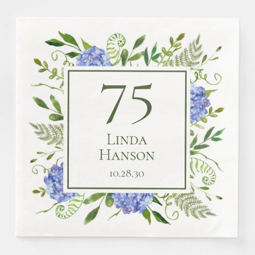 75th Birthday Blue Hydrangeas Paper Dinner Napkins