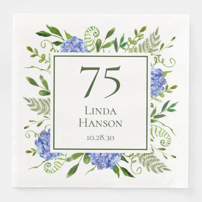 75th Birthday Blue Hydrangeas Paper Dinner Napkins (Front)