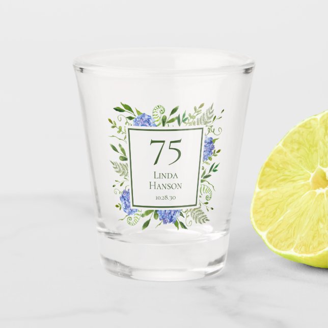 75th Birthday Blue Hydrangeas Shot Glass (Front)