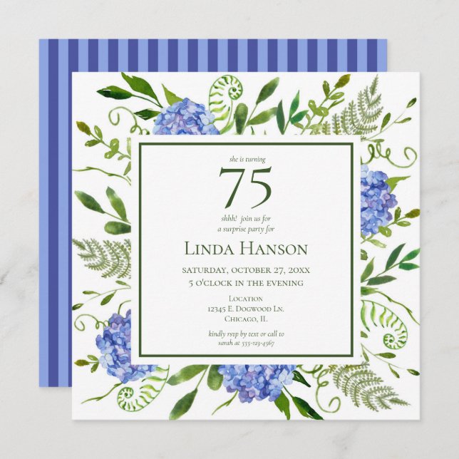 75th Birthday Blue Hydrangeas Surprise Party Invitation (Front/Back)